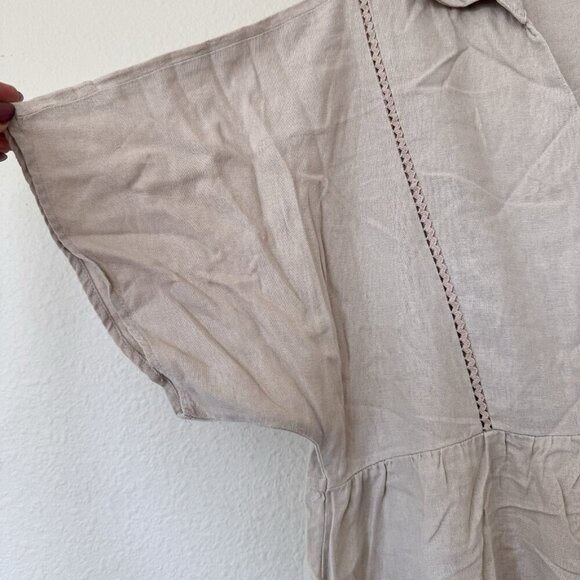 Zara Lace Trim Linin Blend Mini Dress Sand Size Medium Collared Short Sleeve - Picture 5 of 8